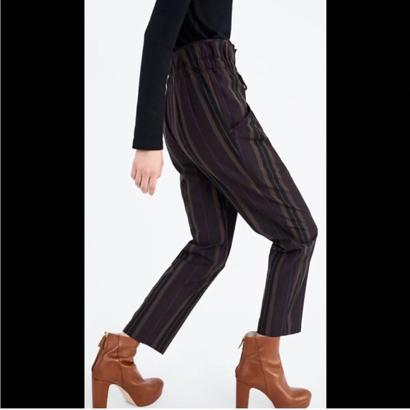 Zara Paper Bag Waist Pants Striped M - Picture 3 of 12